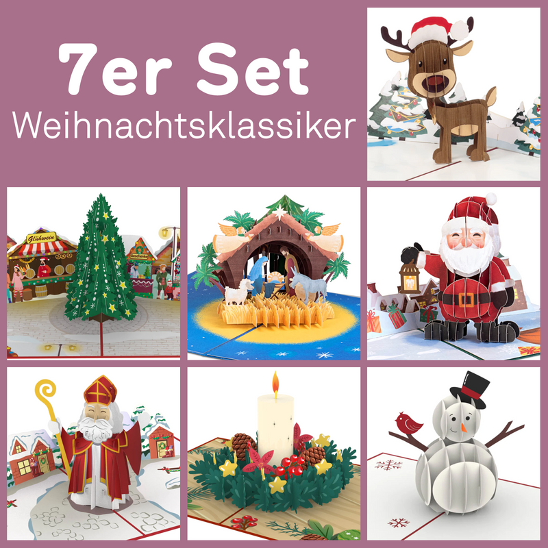 7er Set Weihnachtsklassiker Pop-Up Karten